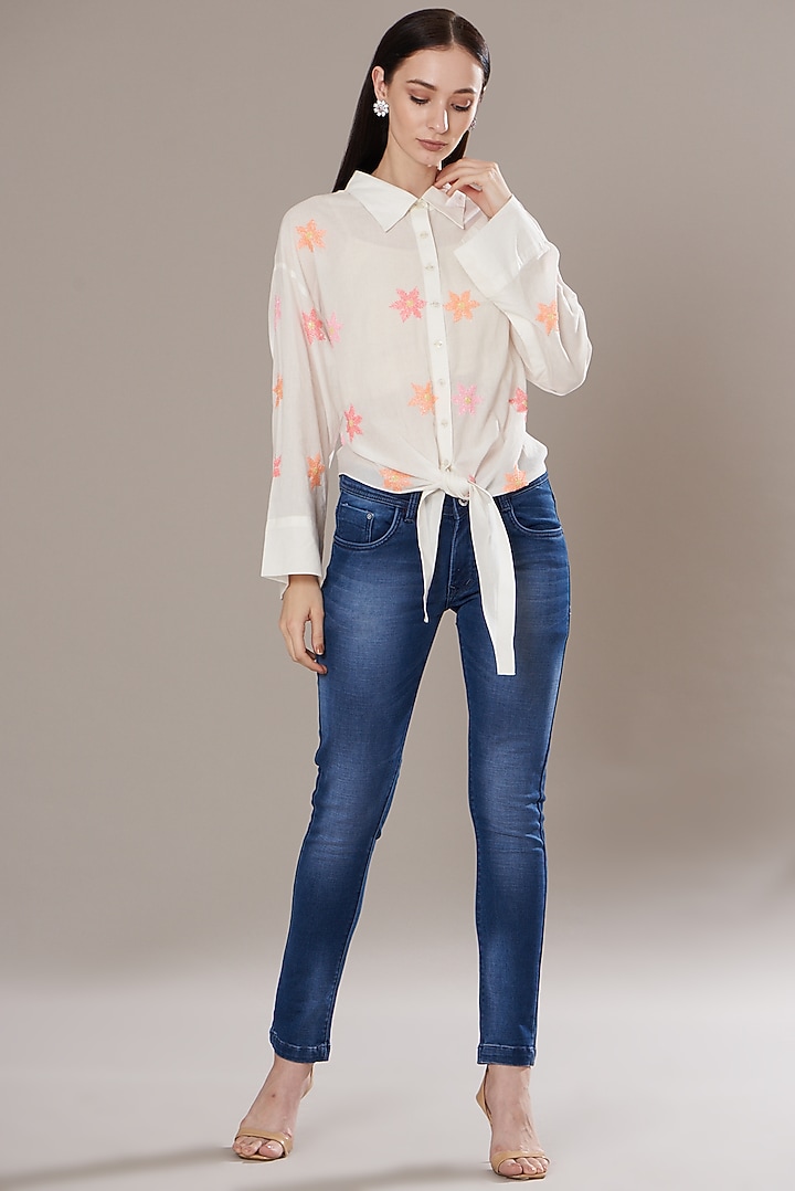 White Cotton Embellished Shirt by Isha Singhal at Pernia's Pop Up Shop