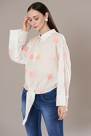 White Cotton Embellished Shirt by Isha Singhal