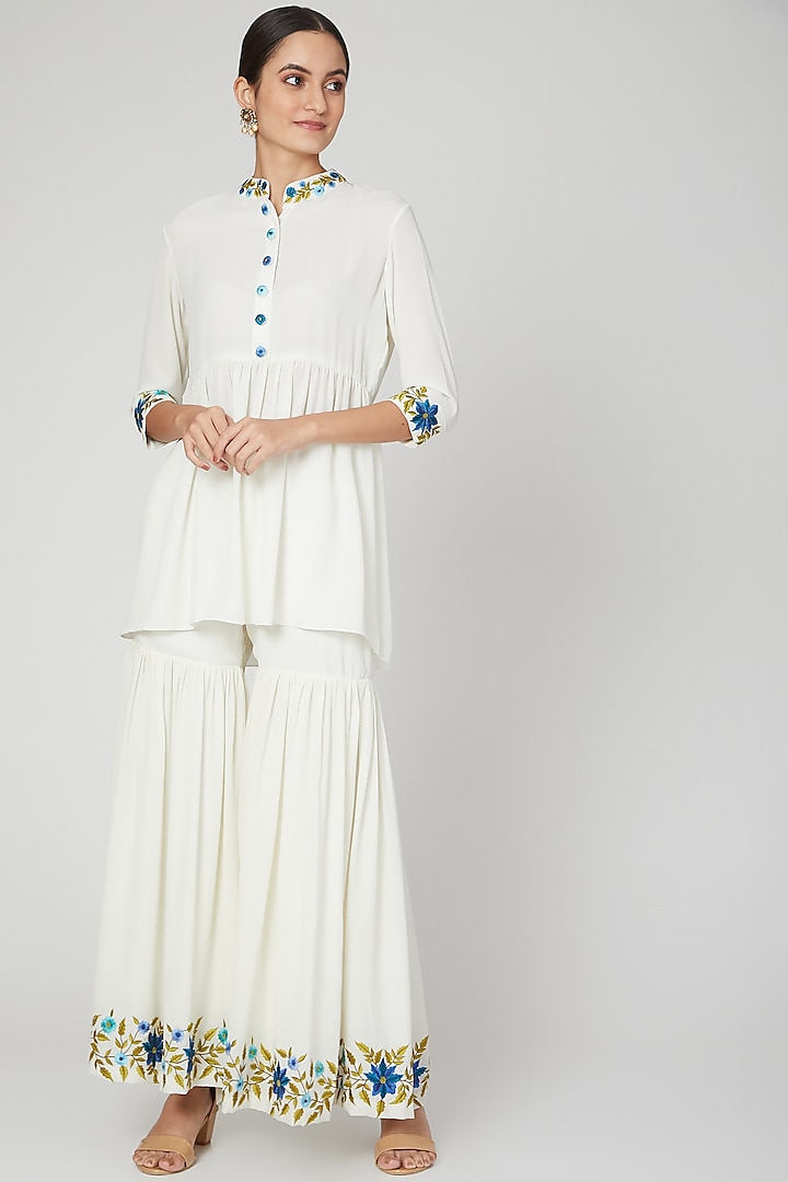 White Embroidered Kurta With Sharara Pants by Isha Singhal