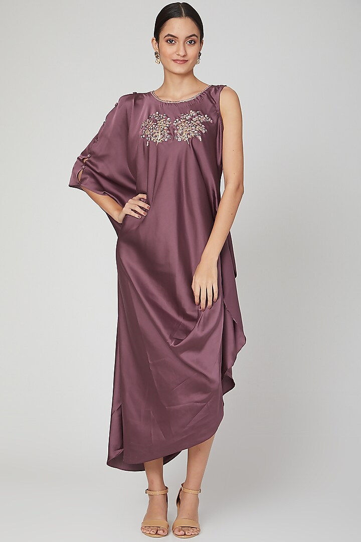 Wine Hand Embroidered Draped Dress by Isha Singhal