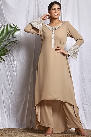 Beige Hand Embroidered Asymmetrical A-Line Kurta Set by Isha Singhal
