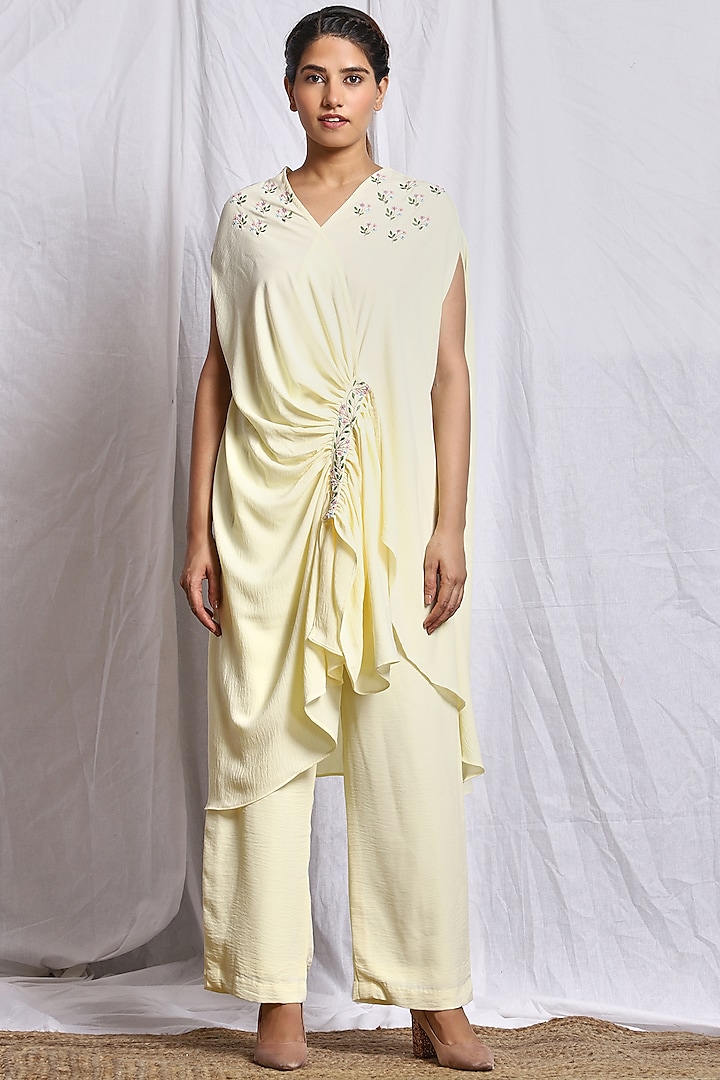 Cream Yellow Hand Embroidered Draped Tunic Set by Isha Singhal