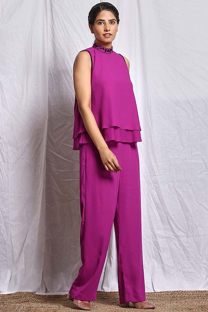 Orchid Purple Hand Embroidered Straight Pant Set by Isha Singhal