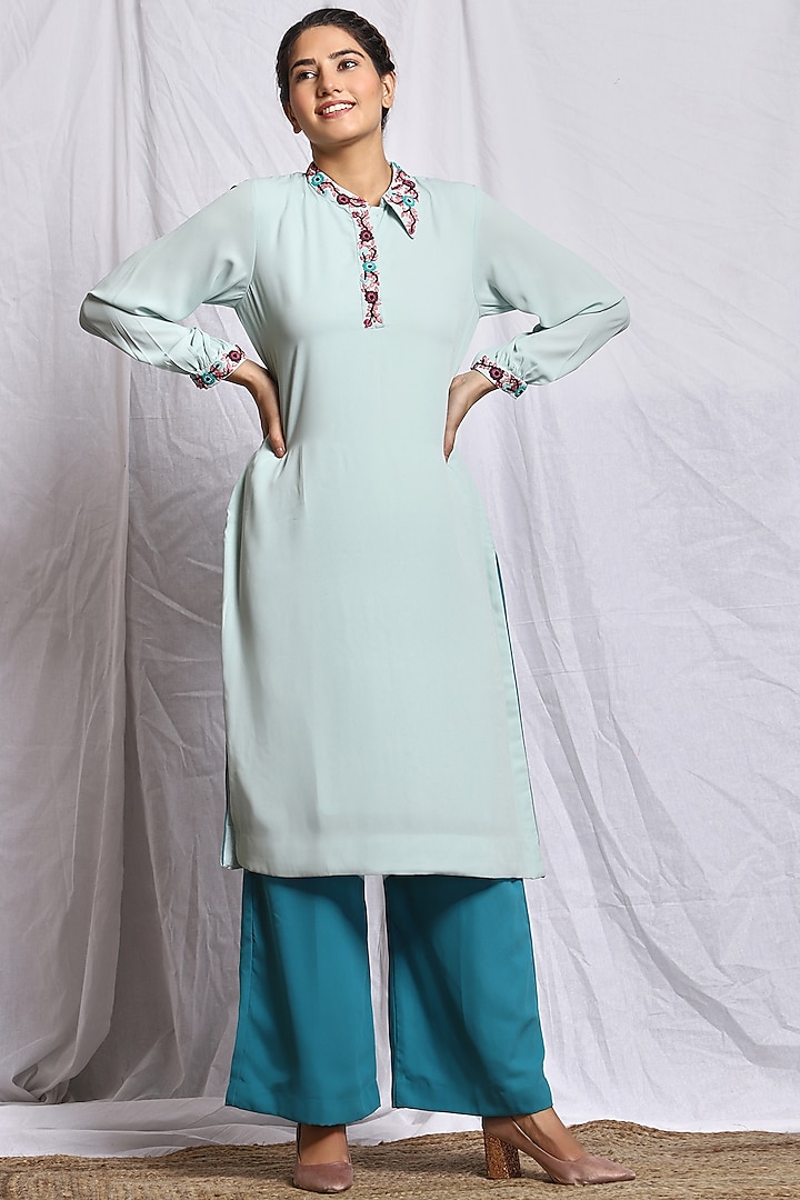 Aqua Blue Embroidered Kurta Set by Isha Singhal