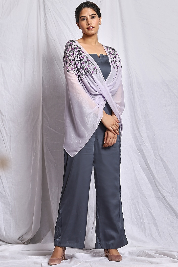 Dark Grey Jumpsuit With Embroidered Shrug by Isha Singhal