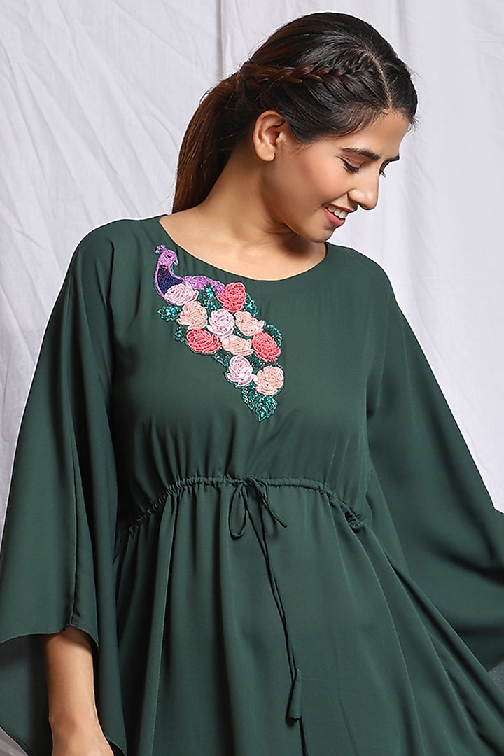 Forest Green Hand Embroidered Kaftan Tunic by Isha Singhal at Pernia's Pop Up Shop