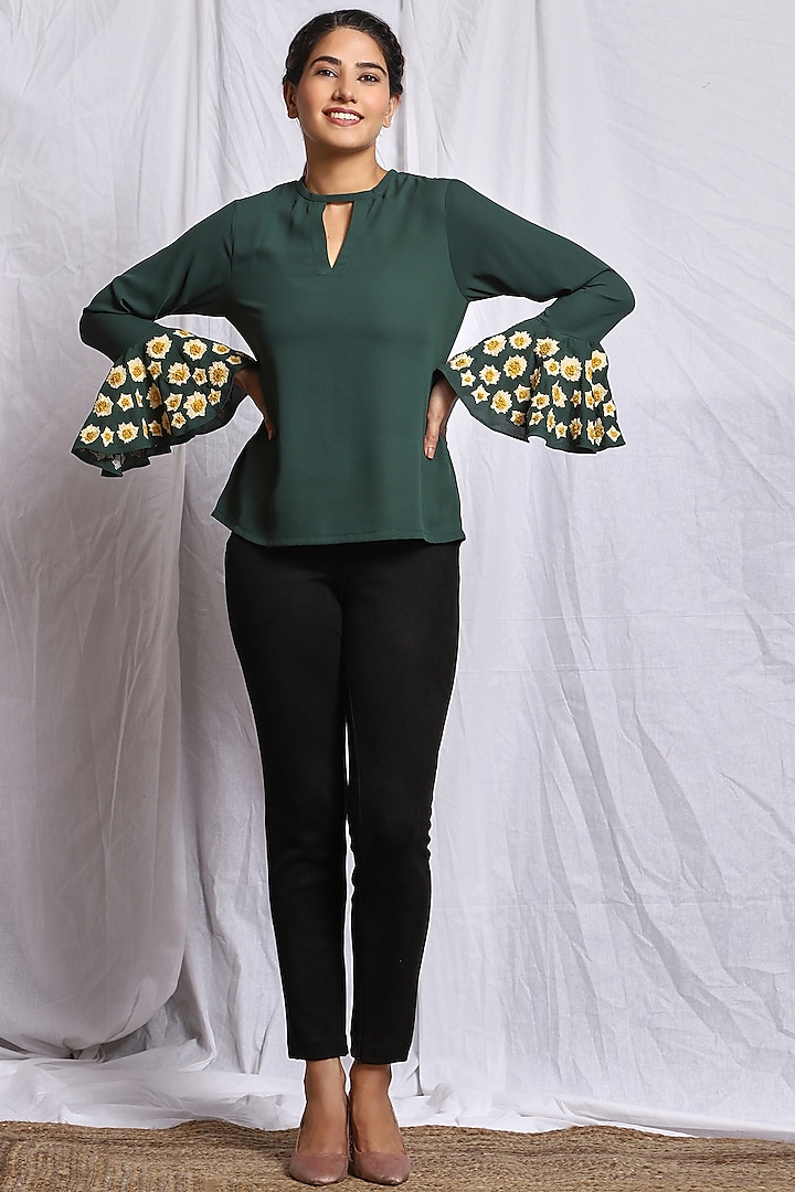 Forest Green Hand Embroidered Top by Isha Singhal