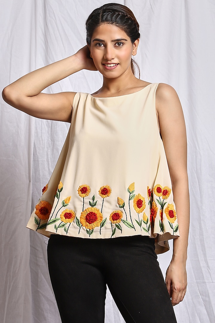 Cream Hand Embroidered Top by Isha Singhal
