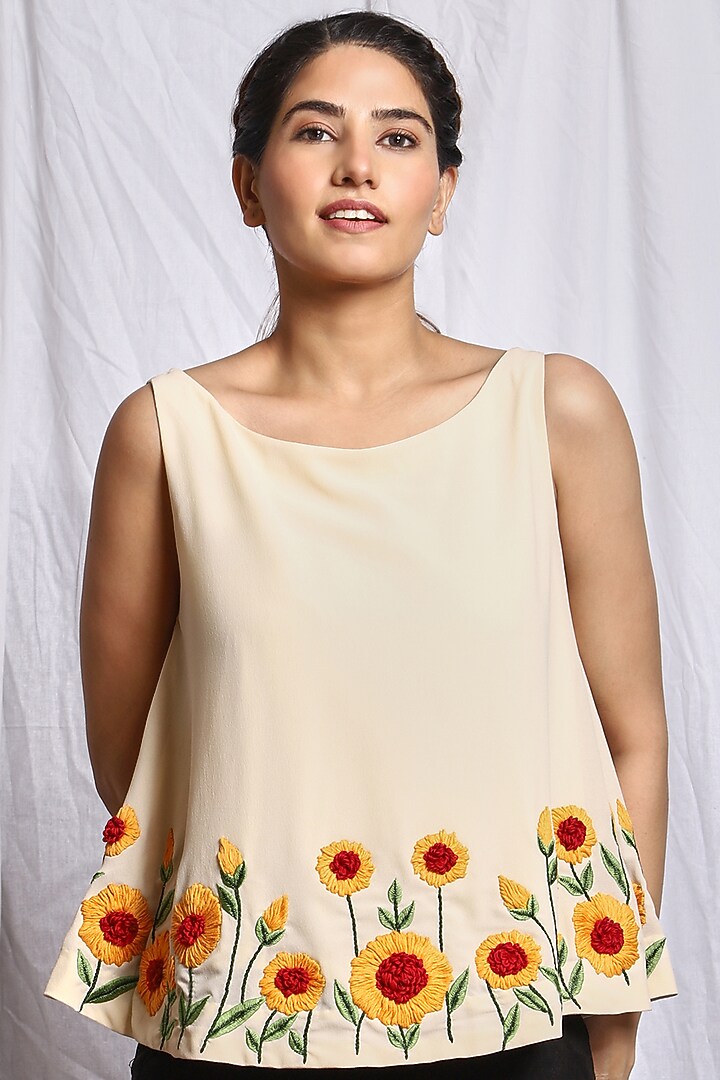 Cream Hand Embroidered Top by Isha Singhal at Pernia's Pop Up Shop