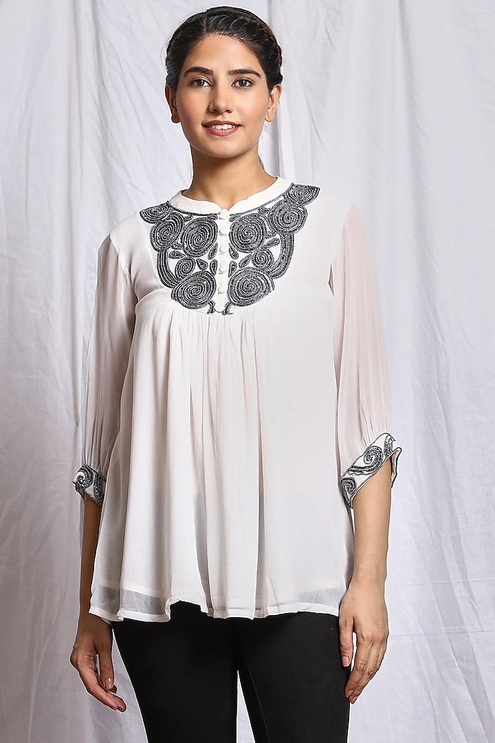 White Hand Embroidered Flared Top by Isha Singhal