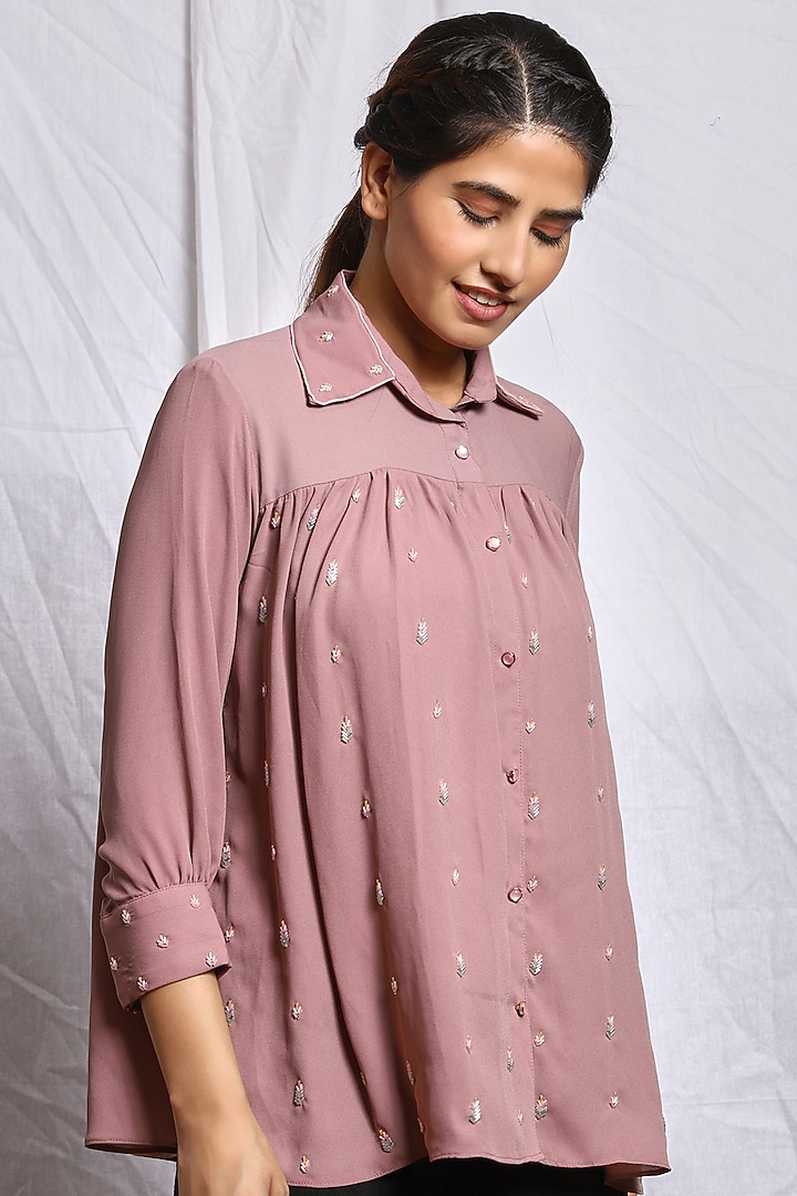 Faded Mauve Embroidered Shirt by Isha Singhal at Pernia's Pop Up Shop