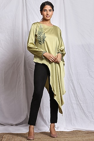 Greenish Beige Hand Embroidered Kaftan Top by Isha Singhal