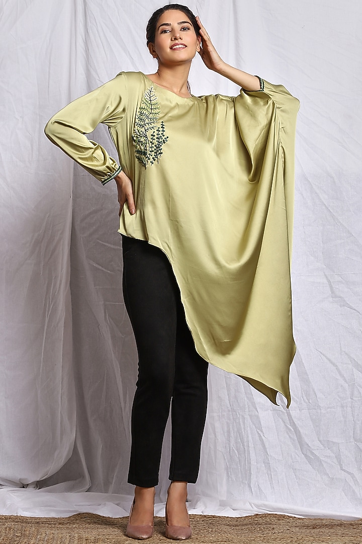 Greenish Beige Hand Embroidered Kaftan Top by Isha Singhal at Pernia's Pop Up Shop