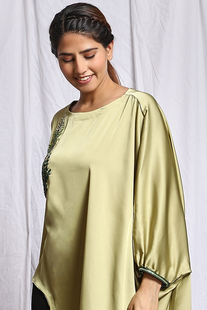 Greenish Beige Hand Embroidered Kaftan Top by Isha Singhal at Pernia's Pop Up Shop