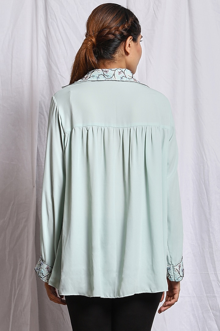 Aqua Blue Hand Embroidered Top by Isha Singhal at Pernia's Pop Up Shop