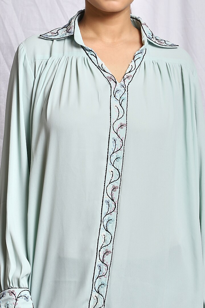 Aqua Blue Hand Embroidered Top by Isha Singhal at Pernia's Pop Up Shop