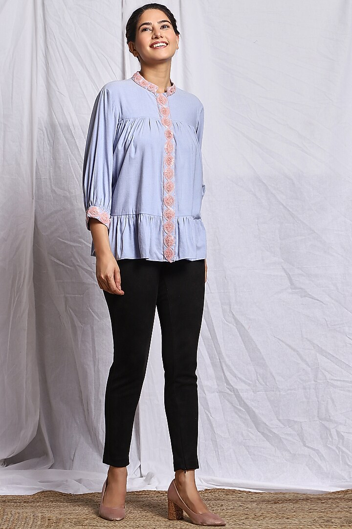 Pastel Blue Hand Embroidered Gathered Top by Isha Singhal at Pernia's Pop Up Shop