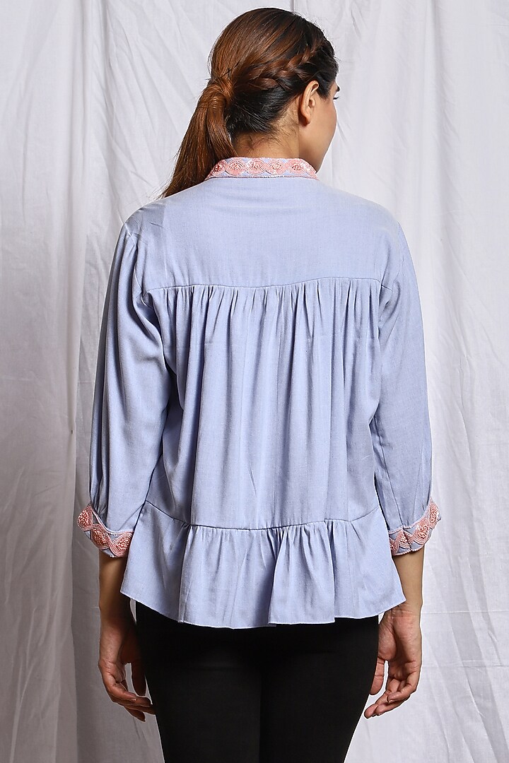 Pastel Blue Hand Embroidered Gathered Top by Isha Singhal at Pernia's Pop Up Shop