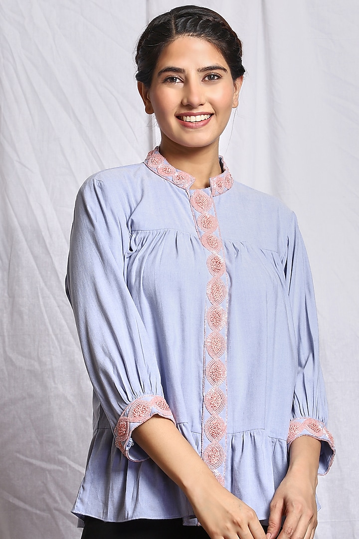 Pastel Blue Hand Embroidered Gathered Top by Isha Singhal