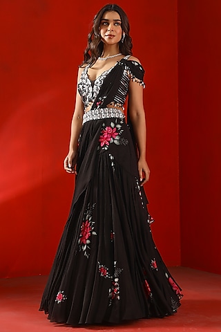 Black Chiffon Mangolia Printed Lehenga Saree Set by Isha Gupta Tayal