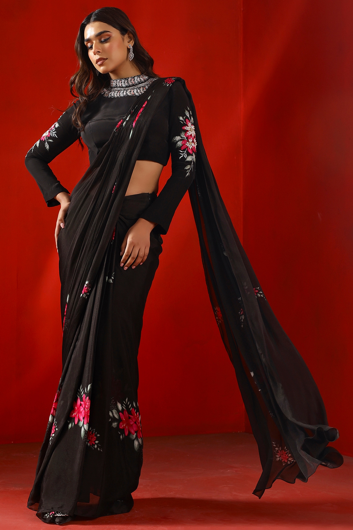 Satin Silk Fabric Sangeet Wear Black Color Printed Lehenga