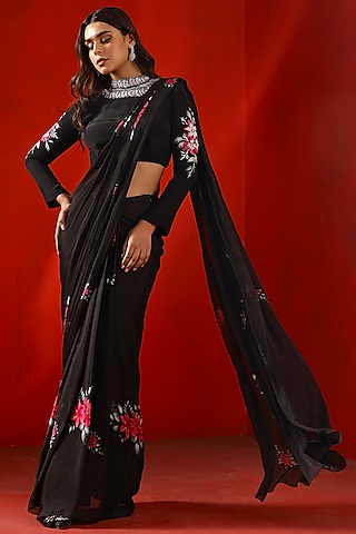 Black Georgette Mangolia Printed Lehenga Saree Set by Isha Gupta Tayal