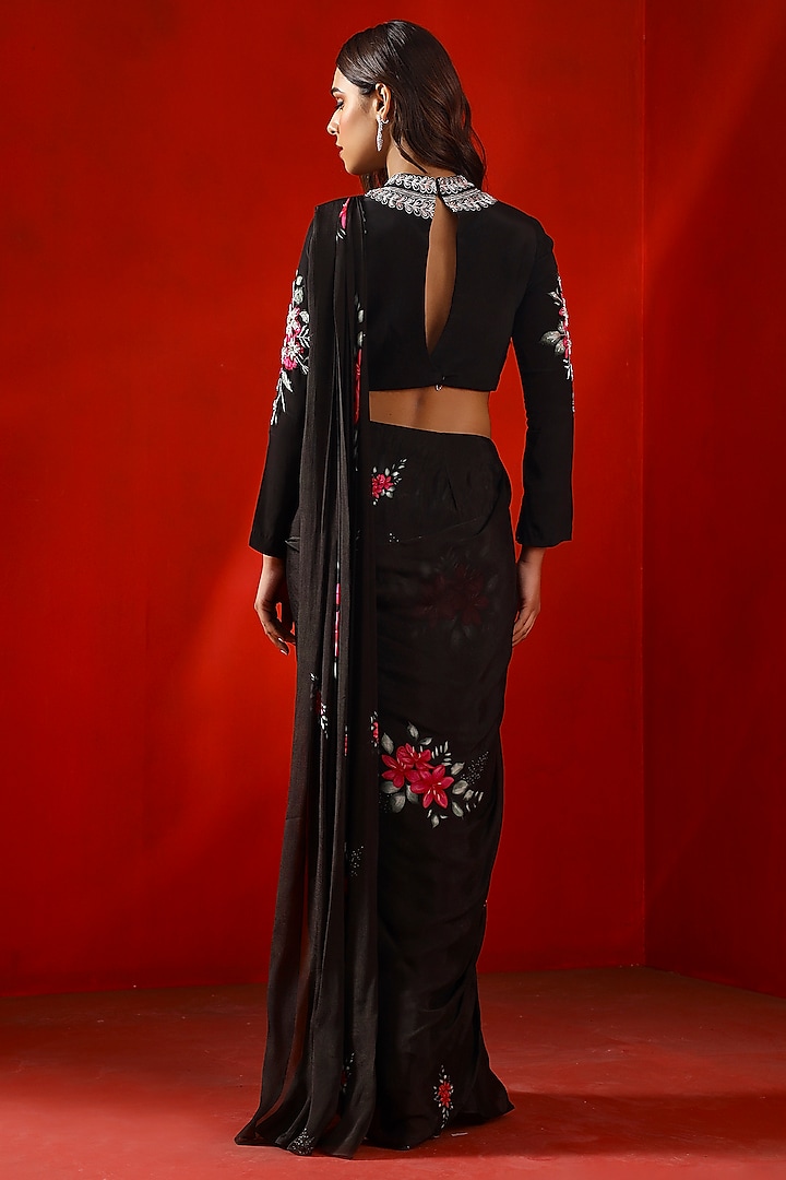 Black Georgette Mangolia Printed Party Wear Lehenga Saree Set by Isha Gupta Tayal at Pernia's Pop Up Shop
