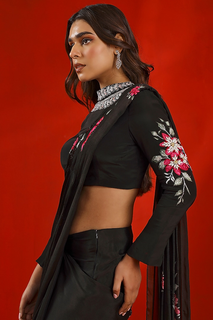 Black Georgette Mangolia Printed Party Wear Lehenga Saree Set by Isha Gupta Tayal at Pernia's Pop Up Shop