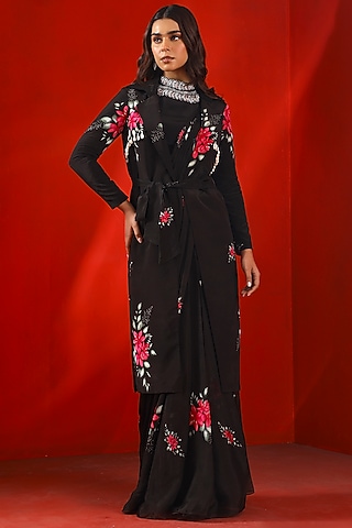 Black Silk Printed Coat With Belt by Isha Gupta Tayal