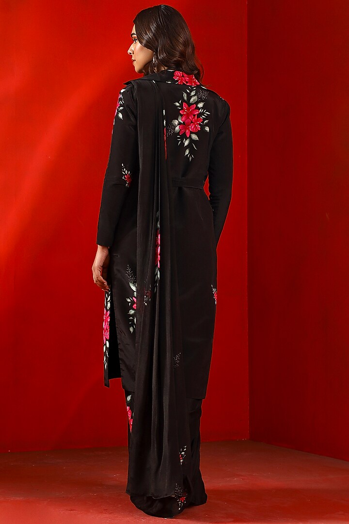 Black Silk Printed Coat With Belt by Isha Gupta Tayal at Pernia's Pop Up Shop
