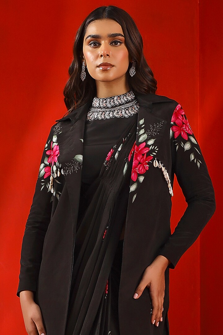 Black Silk Printed Coat With Belt by Isha Gupta Tayal at Pernia's Pop Up Shop