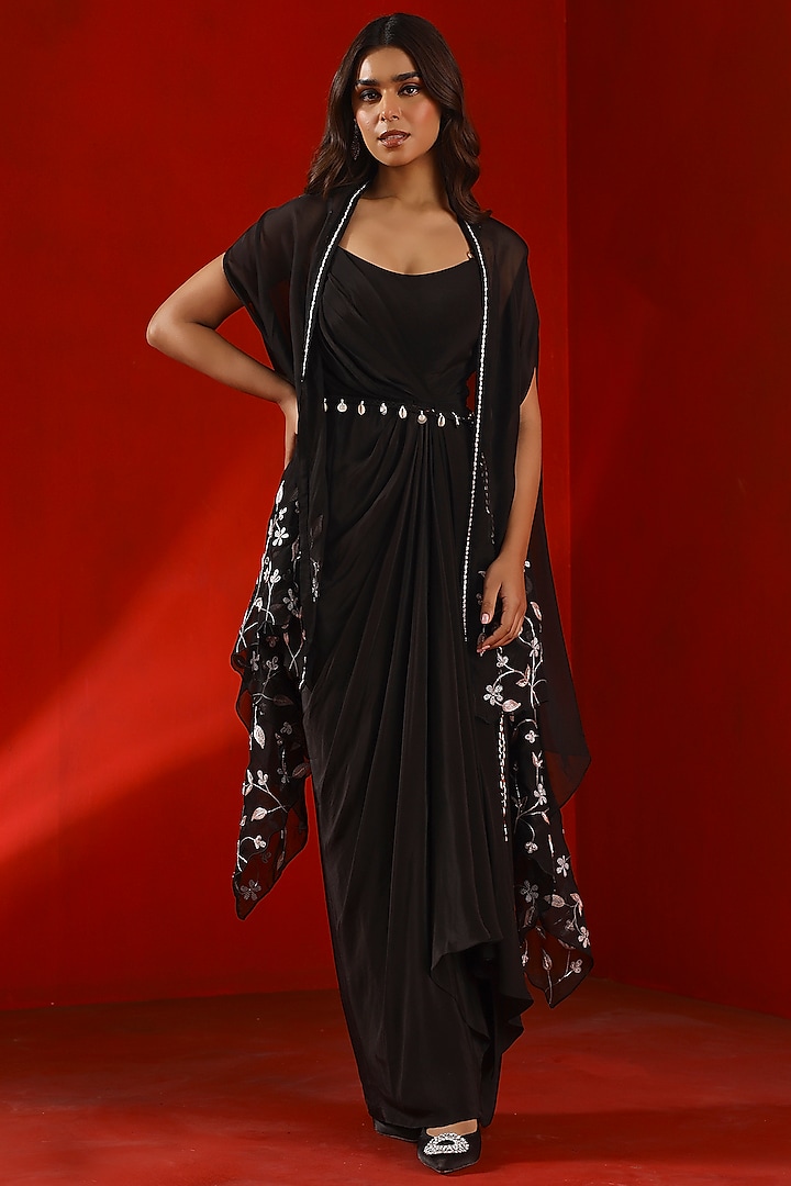 Black Crepe Printed Draped Dress by Isha Gupta Tayal