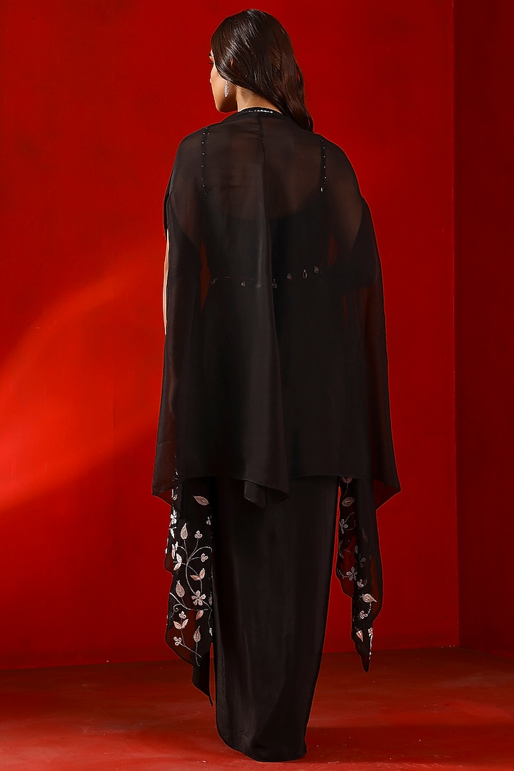 Black Crepe Printed Draped Vacation Dress by Isha Gupta Tayal at Pernia's Pop Up Shop