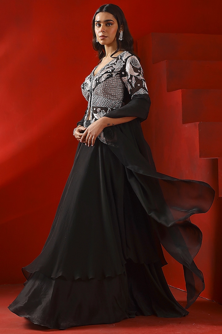 Black Net Printed & Zardosi Embroidered Jacket Set by Isha Gupta Tayal at Pernia's Pop Up Shop