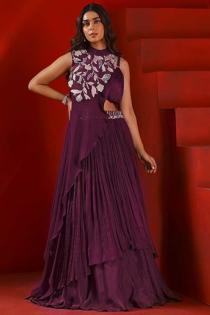 Mahogany Wine Chiffon Embellished Cape Set by Isha Gupta Tayal at Pernia's Pop Up Shop