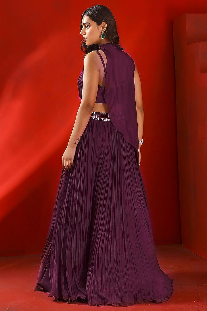 Mahogany Wine Chiffon Embellished Cape Set by Isha Gupta Tayal at Pernia's Pop Up Shop