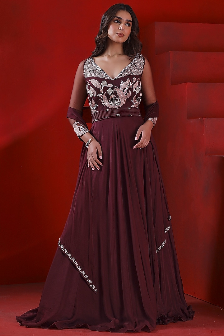 Mahogany Wine Chiffon & Net Embroidered Flared Gown by Isha Gupta Tayal