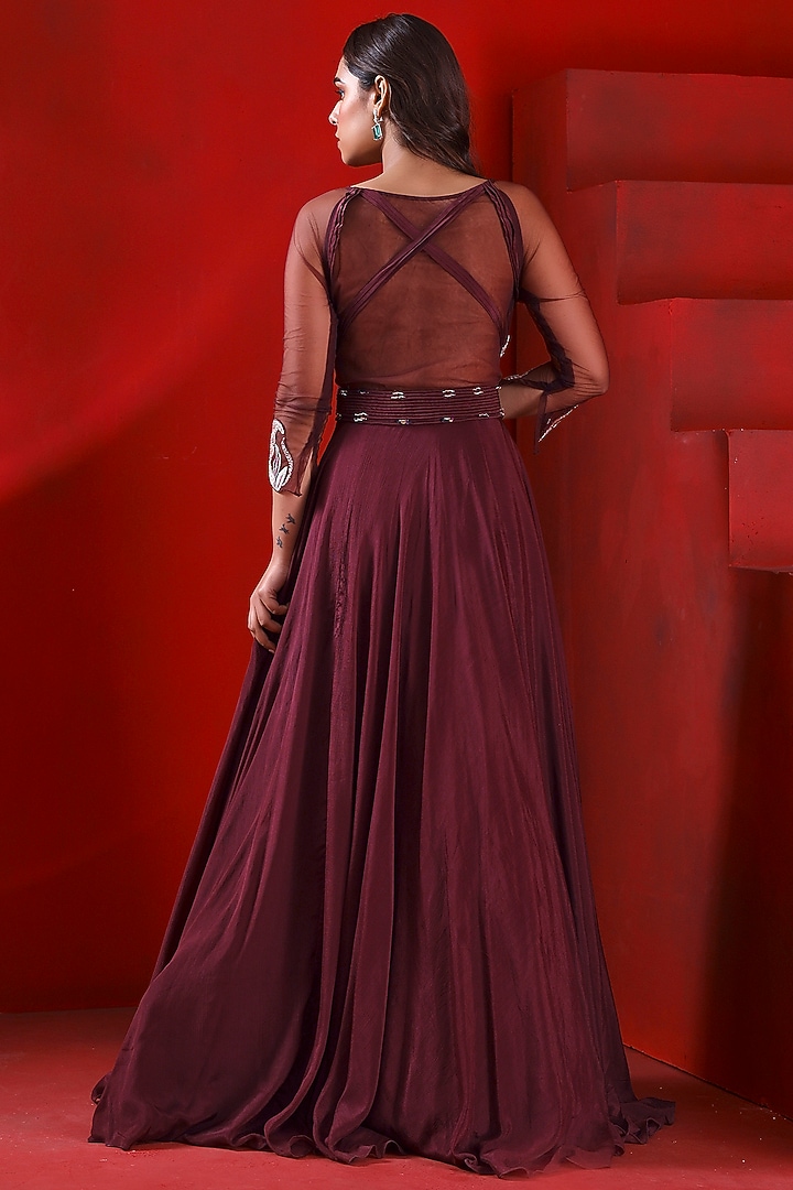 Mahogany Wine Chiffon & Net Embroidered Flared Engagement Gown by Isha Gupta Tayal at Pernia's Pop Up Shop