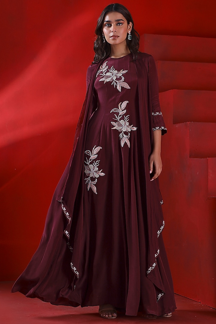 Mahogany Wine Crepe Embroidered Flared Anarkali Set by Isha Gupta Tayal at Pernia's Pop Up Shop