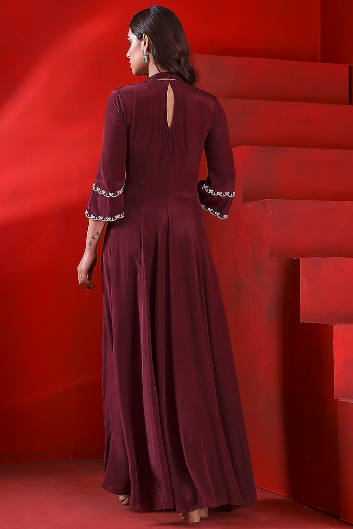 Mahogany Wine Crepe Embroidered Flared Wedding Anarkali Set by Isha Gupta Tayal at Pernia's Pop Up Shop