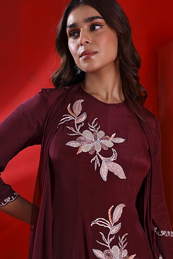 Mahogany Wine Crepe Embroidered Flared Wedding Anarkali Set by Isha Gupta Tayal at Pernia's Pop Up Shop