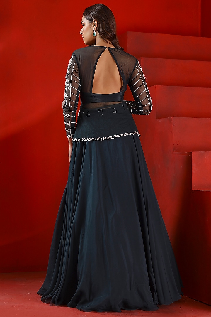 Midnight Green Net Embroidered Jacket Set by Isha Gupta Tayal at Pernia's Pop Up Shop