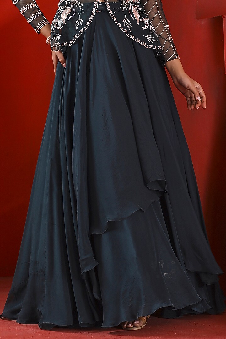 Midnight Green Net Embroidered Jacket Set by Isha Gupta Tayal at Pernia's Pop Up Shop