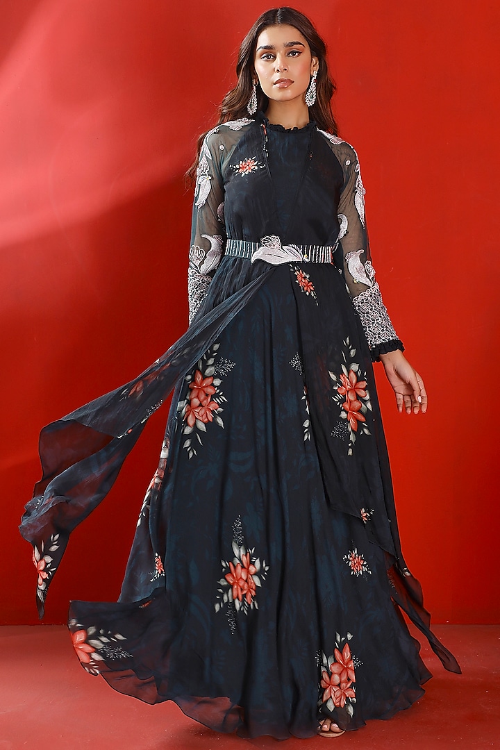 Midnight Green Georgette & Organza Printed & Embroidered Gown by Isha Gupta Tayal