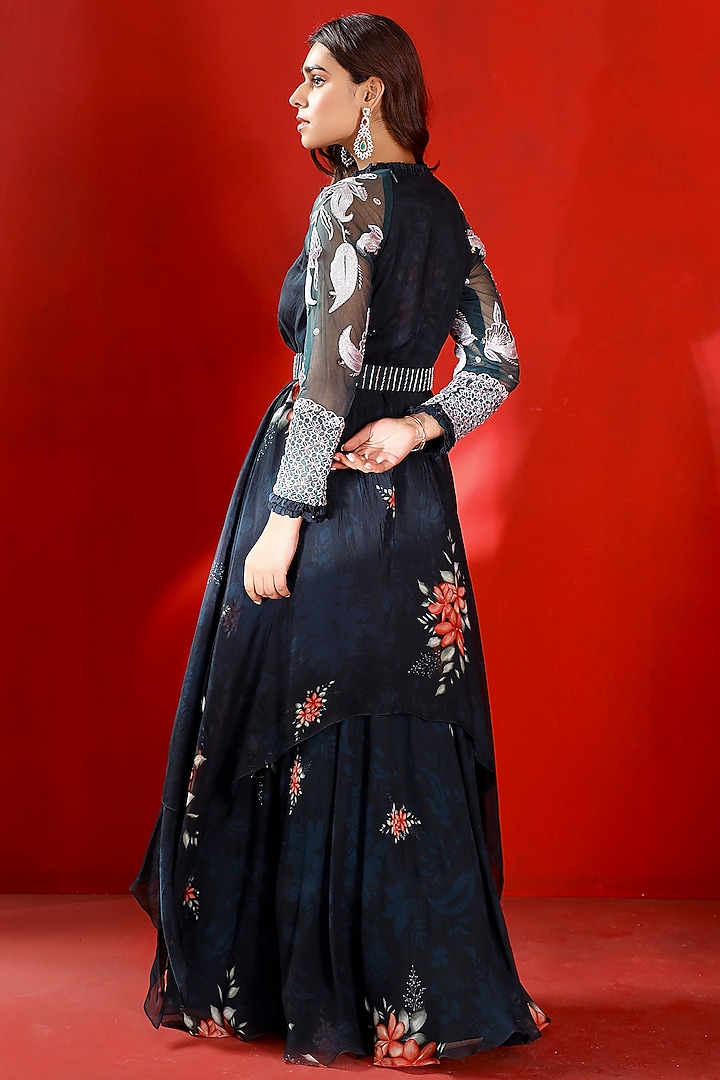 Midnight Green Georgette & Organza Printed & Embroidered Engagement Gown by Isha Gupta Tayal at Pernia's Pop Up Shop