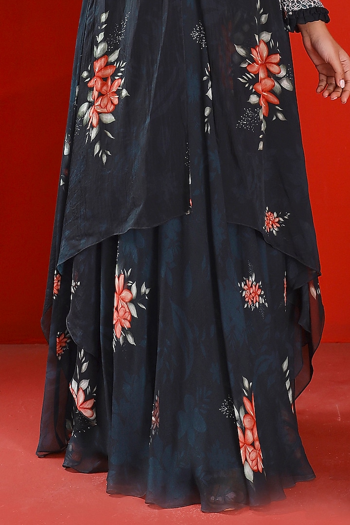 Midnight Green Georgette & Organza Printed & Embroidered Engagement Gown by Isha Gupta Tayal at Pernia's Pop Up Shop