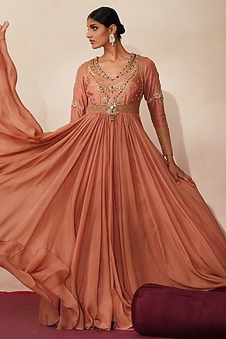 Metallic Mocha Silk Dori Embroidered Anarkali Set by Isha Gupta Tayal