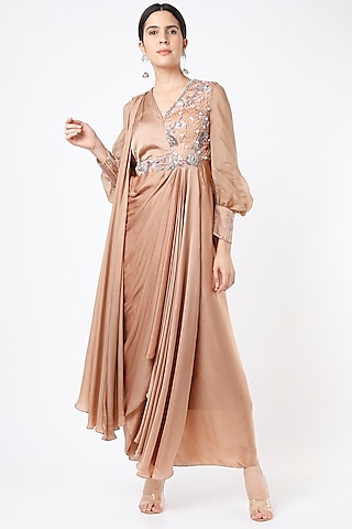 Champagne Embroidered Draped Gown by Isha Gupta Tayal