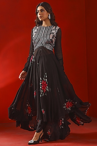 Black Georgette Printed Kurta Set by Isha Gupta Tayal