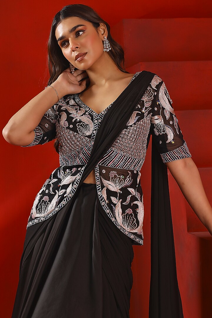 Black Georgette & Satin Organza Concept Jacket Wedding Saree Set by Isha Gupta Tayal at Pernia's Pop Up Shop
